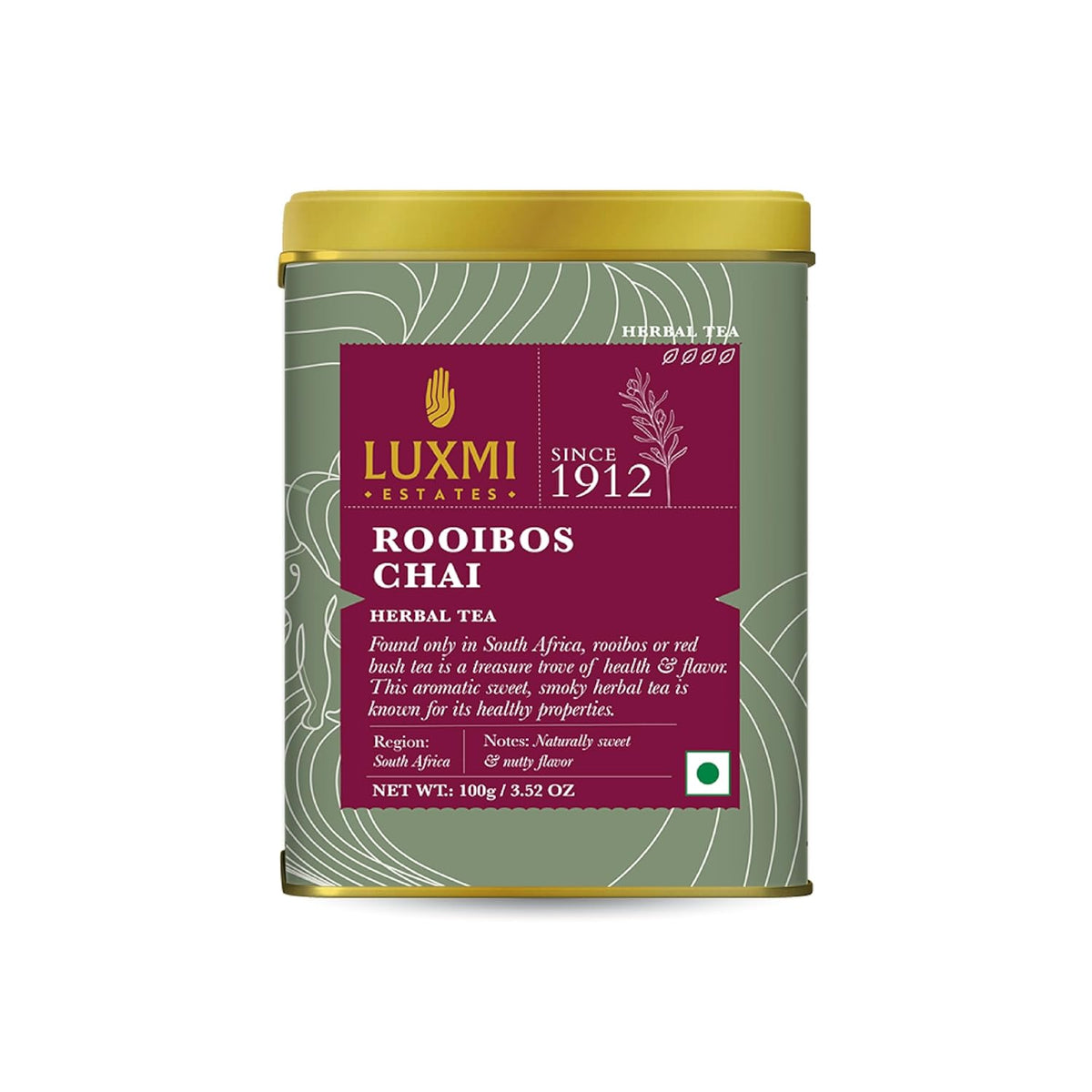 Luxmi Estates Rooibos Chai Herbal Tea - 100gm, 3.5 Ounce, 50 Cups | USDA Certified Organic Tea - Caffeine Free Herbal Tea Bags | Antioxidant Rich Herbal Beverage For Relaxation & Wellness
