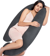 Full Body J Shape Pregnancy Pillow For Women, Maternity Pillow, Dark Grey | Pillow Gift For Pregnancy Sleeping, Premium Velvet Cover With Zip | Adjustable & Washable, Multipurpose Pillow
