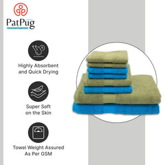 Patpug 100% Indian Cotton Plush Towel Set 2000 Gsm | Highly Absorbent, Fade Resistant, Quick Drying 2 Bath, 2 Hand & 4 Face Towel (Olive Green & Turquoise Blue) - 8 Piece