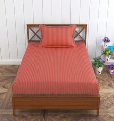Elastic Fitted Cotton Single Bedsheet With One Matching Pillow Covers - 36 X 75 Inches, ?Orange Peach | Soft Touch, Comfortable & Breathable