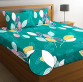 Cotton Double Bedsheet King Size With 2 Pillow Cover - 78 X 72 Inches White & Green | Super Soft Premium Brushed Glace Cotton Bedsheet, Breathable & Wrinkle Free