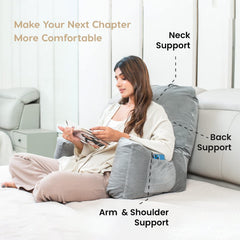 Backrest Pillow For Bed, Reading Pillow With Support Arms, Grey, King Size | Comfortable Back Support For Working, Watching TV In Bed, Premium Velvet Zipper Cover, Machine Washable