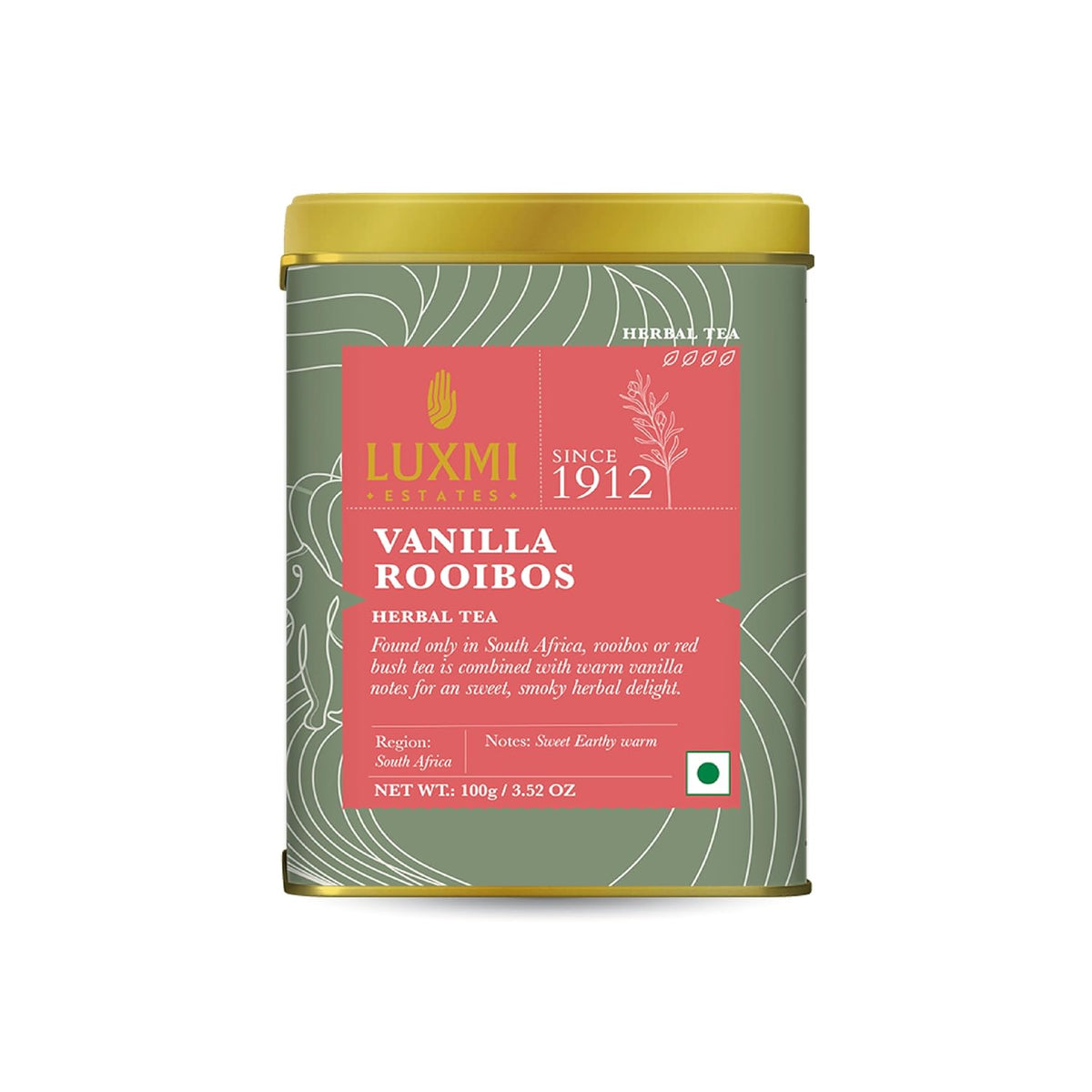 Luxmi Estates Vanilla Rooibos Herbal Tea - 100gm Tin Caddy, 3.5 Ounce, 50 Cups | USDA Certified Organic Herbal Tea - Gluten Free, Caffeine Free Tea Bags