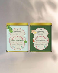 Makaibari Holiday Edition - Peppermint Bark White Tea 25gm, 0.9 Ounce + Ginger Spice Green Tea 100gm, 3.5 Ounce | USDA Certified Premium Loose Leaves Tea - Antioxidants, Immunity Booster