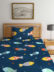 Cartoon Printed Single Bedsheet For Kids With One Pillow Cover - 60 X 90 Inches, Navy Blue | 300 Thread Count - Wrinkle Free Soft Perfect For Everyday Use