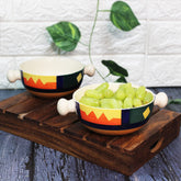 Boho Fiesta Ceramic Snack Bowls With Handles - 2 Pieces, 300ml Each, Multicolor | Hand Painted Handled Soup Bowls - Ceramic Snacks Serving Bowls Set | Microwave Safe & Dishwasher Safe