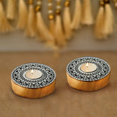 WOODEN ROUND BLOCK MANDALA STAMP PRINTING TEA LIGHTS CANDLE SET OF 2 TABLE DECOR