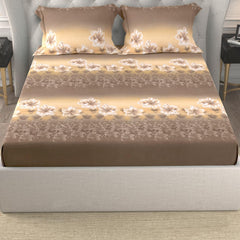 Cotton Elastic Fitted Double Bedsheet For King Size With 2 Pillow Covers - 78 X 72 + 8 Inches, Brown & Cream | Soft Wrinkle Free & Breathable Elastic Bedsheets For King Size Bed