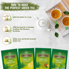 Twinings Green Tea Collection Pack - Includes 4 Different Flavors | Pure Green Tea+ Green Tea & Mint+ Lemon & Honey+ Green Tea & Lemon - 24 Enveloped Tea Bags | Caffeine Free