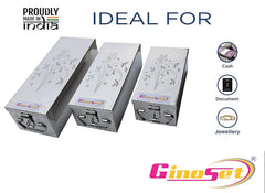 Stainless Steel Locker Boxes Jewellery Boxes Cash Peti Set Multi Pack Of 3 Size - 8 Inch, 10 Inch, 12 Inch, With Laser Printed Design - Silver, Control Type - Key Control