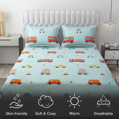 Wrinkle Free Soft Kids Double Bedsheets For King Size With 2 Pillow Cover | 90 X 95 Inches, Aqua | Cartoon Printed Design | Child Bedroom Decor