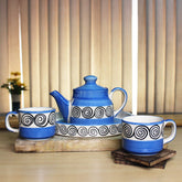 Hand Painted Blue Swirl Tea Set With Kettle | Ceramic Tea Kettle Set With 2 Cups, 150ml Each + 1 Kettle, 400ml + 1 Tray | 4 Pieces - Microwave Safe & Dishwasher Safe