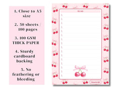 A5 Notes/To Do List Notepad, Beautiful Daily Checklist Pad, Tear-Off Sheets (Cherry) Pack Of 1