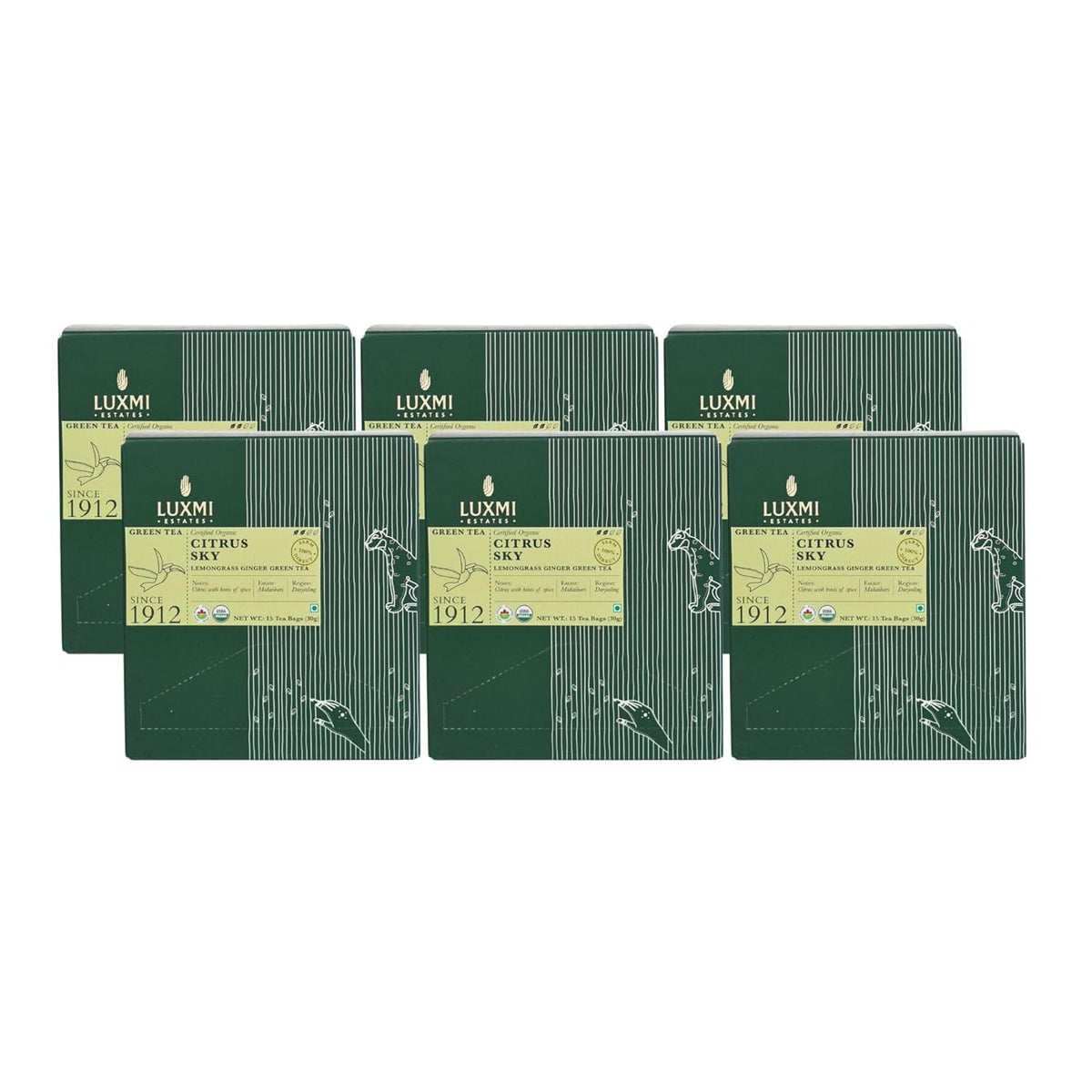 Luxmi Estates Citrus Sky Lemongrass Ginger Green Tea Pack Of 6 - 30gm, 1.05 Ounce, 15 Tea Bags Each | USDA Certified Organic Darjeeling Tea - Natural Lemon Balm Tea - Calming, Supports Digestion