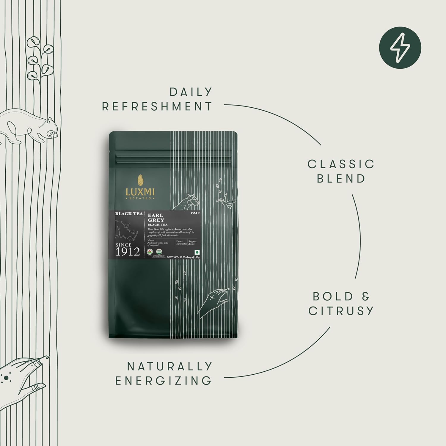 Luxmi Estates Earl Grey Black Tea - 100gm, 3.5 Ounce, 50 Tea Bags | USDA Organic Certified Tea - 100% Natural Bergamot Extracts | High Caffeine Black Tea Luxmi Estates Earl Grey Black Tea - 100gm, 3.5 Ounce, 50 Tea Bags | USDA Organic Certified Tea - 100% Natural Bergamot Extracts | High Caffeine Black Tea