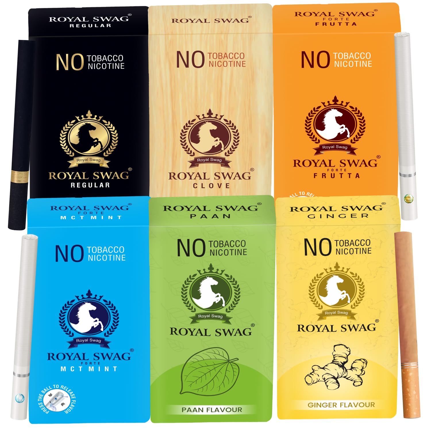 Royal Swag Natural Herbal Cigarettes Regular, Clove, Frutta, Mint, Paan, Ginger Flavour 60 Sticks Ayurvedic Herbs Clove, Tulsi 100% Tobacco-Free And Nicotine-Free Royal Swag Natural Herbal Cigarettes Regular, Clove, Frutta, Mint, Paan, Ginger Flavour 60 Sticks Ayurvedic Herbs Clove, Tulsi 100% Tobacco-Free And Nicotine-Free