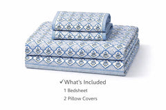 Hand Printed Double Bedsheet For King Size With 2 Pillow Covers | 90 X 108 Inches, Blue & White | Ultra-Soft & Skin-Safe | Breathable Summer Comfort