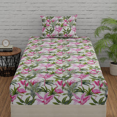 Single Bedsheets With 1 Pillow Cover - 55 X 88 Inches, Flamingo Pink & Green | Soft & Breathable Fabric | Comfortable For Daily Use