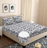Elastic Fitted Double Bedsheets With 2 Pillow Covers - Size-72x68+6 Inches, Grey & Black | Double Bed With Corner Fit Wrinkle Free Super Soft Floral Pattern Breathable