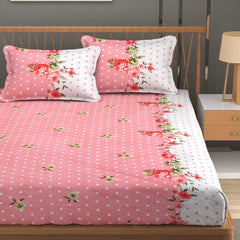 Premium Heavy Cotton Elastic Fitted King Size Bedsheet With 2 Pillow Covers - 72 X 78 X 10 Inches, Pink & White | All Weather Comfort & Bedroom