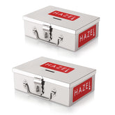 Stainless Steel Cash Box For Shop Counter Drawer, Medium & Large Locking Metal Box For Cash With 4 Compartments For Adults, Set Of 2, Colour - Silver