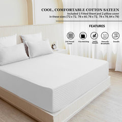 210 TC Cotton Double Bed Fitted Bedsheets With 2 Pillow Cases - 78 X 72 Inches, White | Satin Stripes Wrinkle Free | Comfortable Fabric Bedsheet