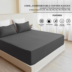 210 TC Cotton Double Bed Fitted Bedsheets With 2 Pillow Cases - 78 X 72 Inches, Grey | Satin Stripes Wrinkle Free | Comfortable Fabric Bedsheet