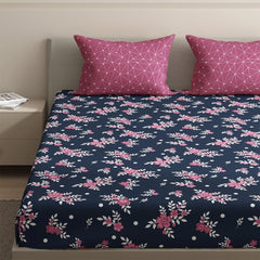 1 Double Bedsheet With 2 Matching Pillow Covers 72 X 48 Inches, Dark Blue & Peach | 200 Thread Count Durable & Long Lasting | All Around Elastic Fitted Sheet