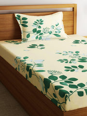 144 TC Microfiber Single Bedsheet With 1 Pillow Cover - 55 X 86 Inches, Cream & Green | Soft To Touch & Comfortable | Natural Resistance To Shrinkage & Wrinkles