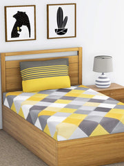 Single Bedsheet With 1 Pillow Cover - Yellow & Grey | Color Fade Resistant Bedsheet | Ideal For Hotel, Guest House | 55 X 88 Inches, Bedsheet
