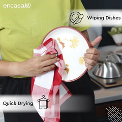Encasa Xo Kitchen Cooking Cloth 340 Gsm | Cotton Hand Towel For Drying Dishes Highly Absorbent Cleaning & Quick Drying Of Plates | Buffalo Red Checks (Set Of 4)