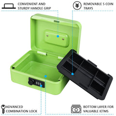 Medium Metal Cash Box With Combination Lock Safe & Money Tray For Security 7.87"X 6.30"X 3.54" Colour - Limegreen