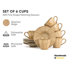 Ceramic Line Cup & Saucer Set Of 6 - Beige, 180ml Each | Cup Saucer Set - 6 Cups + 6 Saucers | Glossy Finish Tea Set - Ceramic Tea Cup & Saucer Set