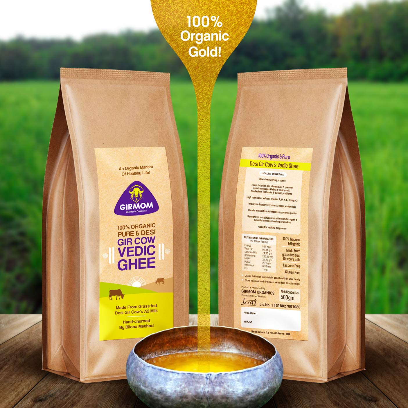 Organic Desi Gir Cow Vedic Ghee By Girmom Motherly Organics | Rich Source Of Vitamin A, D,E & K Pure Desi Cow Ghee Perfect For Glowing Skin | (250ml) 8.4 Ounce | Packet Organic Desi Gir Cow Vedic Ghee By Girmom Motherly Organics | Rich Source Of Vitamin A, D,E & K Pure Desi Cow Ghee Perfect For Glowing Skin | (250ml) 8.4 Ounce | Packet