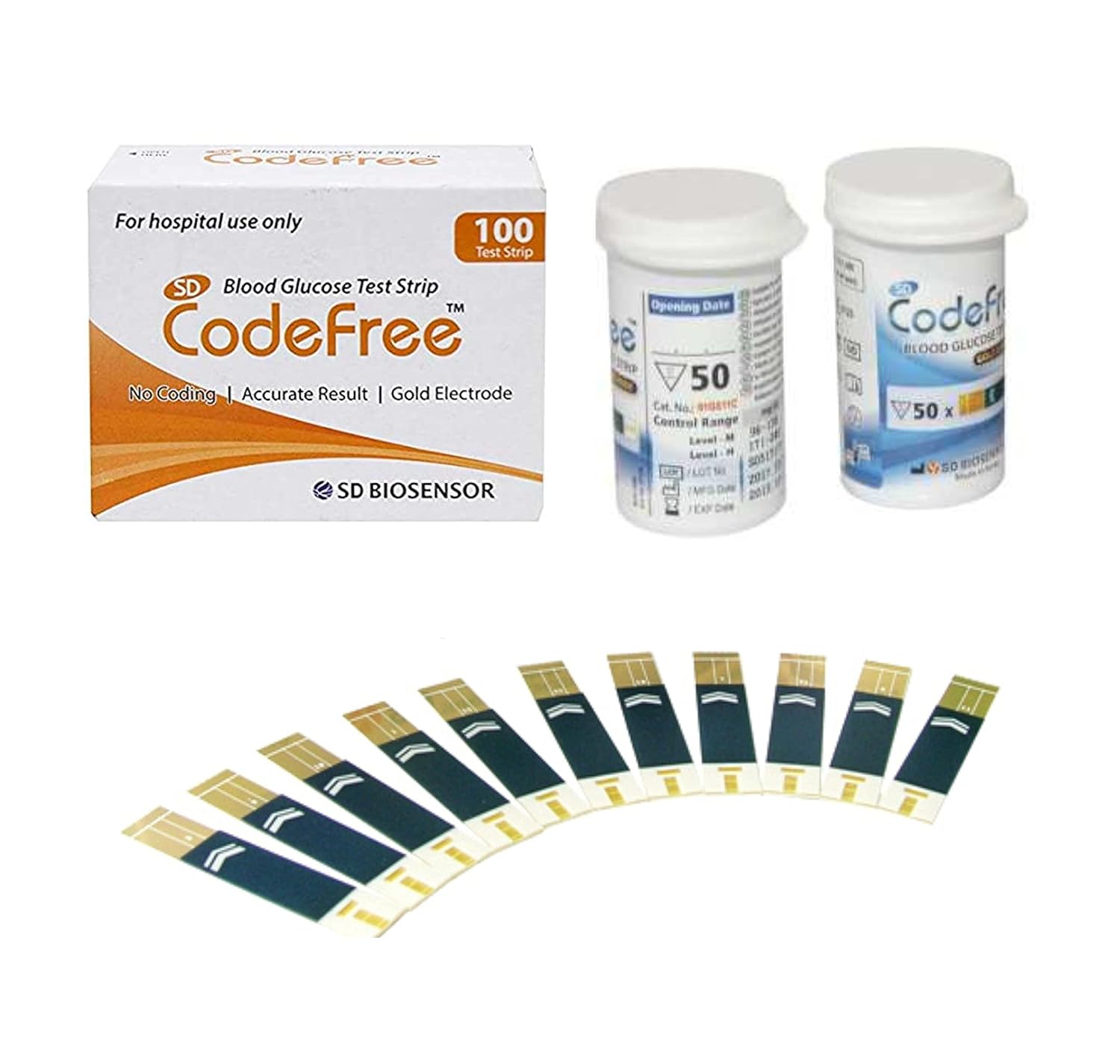 SD Codefree Blood Glucose 100 Test Strips With 100 Round Lancets & A Lancing Device SD Codefree Blood Glucose 100 Test Strips With 100 Round Lancets & A Lancing Device