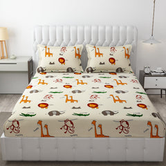 Wrinkle Free Soft Kids Double Bedsheets For King Size With 2 Pillow Cover | 90 X 95 Inches, Cream | Cartoon Printed Design | Child Bedroom Decor