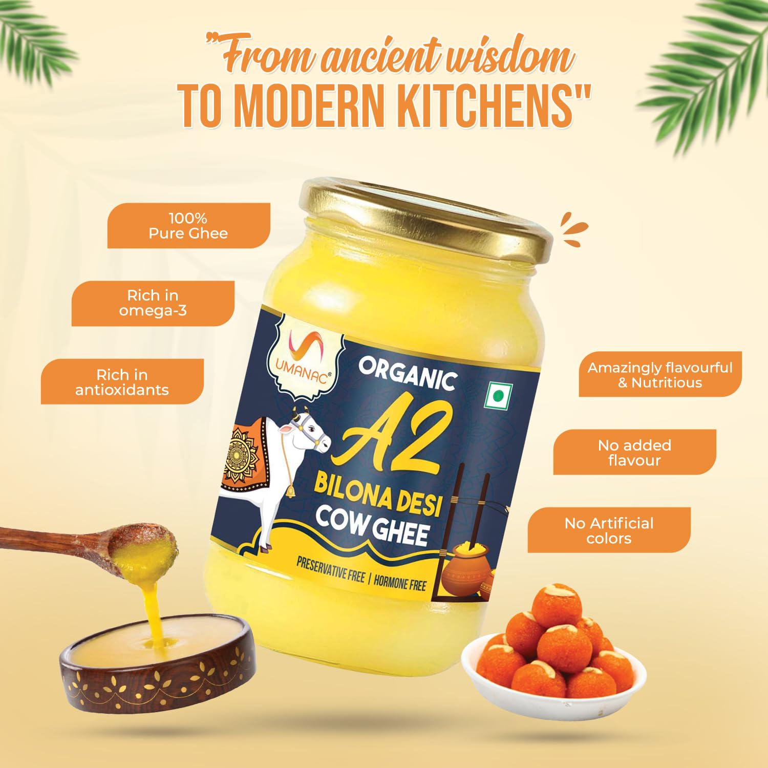 100% Pure A2 Bilona Desi Cow Ghee By Umanac | Traditional Hand Churned Bilona Method Desi Ghee Good For Hair & Skin | (500ml) 16.9 Ounce | Jar Pack 100% Pure A2 Bilona Desi Cow Ghee By Umanac | Traditional Hand Churned Bilona Method Desi Ghee Good For Hair & Skin | (500ml) 16.9 Ounce | Jar Pack