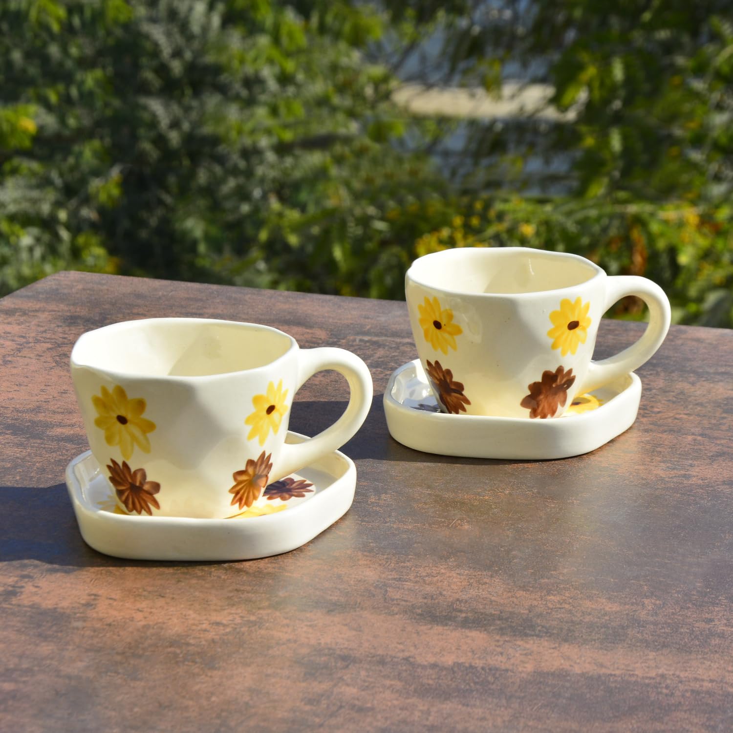 Hand Painted Ceramic Cup & Saucer Set Of 2 - Yellow & Brown, 250ml Each | Microwave Safe Tea Cups & Mugs - Chai Cups & Plates Hand Painted Ceramic Cup & Saucer Set Of 2 - Yellow & Brown, 250ml Each | Microwave Safe Tea Cups & Mugs - Chai Cups & Plates
