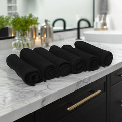 Encasa Xo Kitchen Hand Towels Set 150 Gsm | Waffle Weave & Flat Hand Towel | Quick Drying Reusable Cotton Washcloths | Set Of 6 (Black)