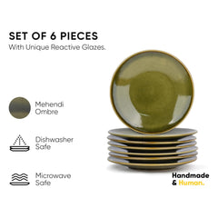 Ceramic Quarter Plates Set Of 6, Mehndi Ombre Luxury Series | Stoneware Snacks Plates Set Of 6 | Dessert Plates - Snack Plates | Small Plates With Glossy Finish - Microwave Safe & Dishwasher Safe