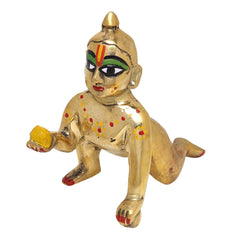 Laddu Bal Gopal Idol - Little Krishna Idol, Golden, Brass Idol, Medium Size, Makhan Chor Idol - Kanha Ji Ki Murti For Pooja Room, Golden Handmade Statue | All Occasion, Thakur Ji Idol