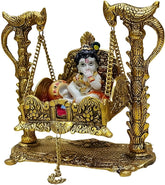 Laddu Gopal With Metal Jhula For Krishna, Bal Gopal, Antique Look, Gold, Metal, Lord Krishna Statue, Handmade, Occasion
