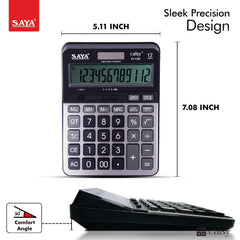 Saya Premium Desktop Calculator | 12-Digit Display, Dual Power, Check & Correct Function, Metal Face Plate | Ergonomic Design For Office & Business Use | 3-year Warranty