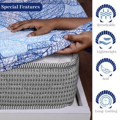 Double Bedsheet For Queen Size With 2 Pillow Covers - 60 X 78 Inches, Blue | All Around Elastic Fitted Soft, Lightweight & Breathable Cotton Bedsheet