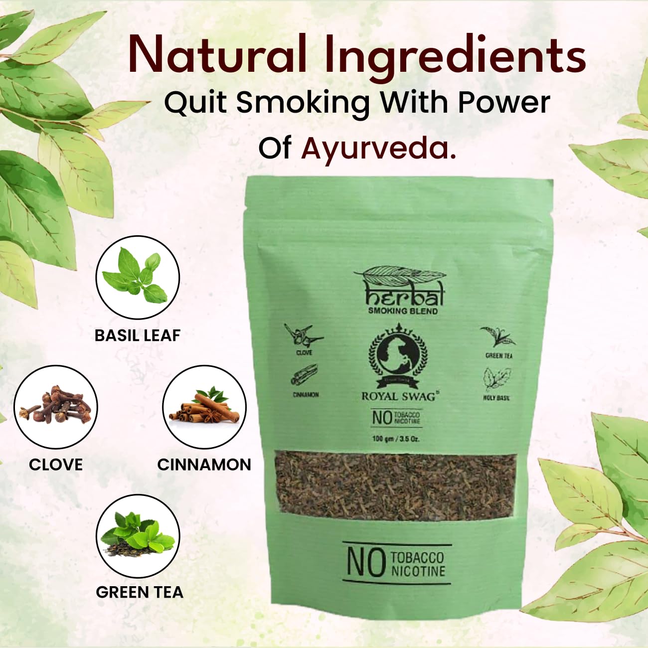 Royal Swag Tobacco & Nicotine Free Smoking Mixture With 100% Natural Herbal Smoking Blend 1 Pack -100gm With 100mm King Size Tendu Palm Leaf Rolls Ready To Use Cones Jar Of 50 Pcs Pack Royal Swag Tobacco & Nicotine Free Smoking Mixture With 100% Natural Herbal Smoking Blend 1 Pack -100gm With 100mm King Size Tendu Palm Leaf Rolls Ready To Use Cones Jar Of 50 Pcs Pack