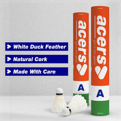 Acers A Grade White Feather Badminton Shuttlecock | Pack Of 12 , White | Proudly Crafted In India