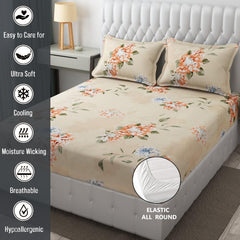 King Size Bedsheet With Two Pillow Cover (Size - 78 X 72 Inches, Rose Beige) | Elastic Fitted Floral Bedsheet | Best For Festival Gifting