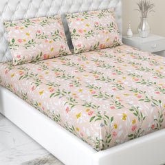 Queen Size Bed For Elastic Fitted Bedsheet With 2 Pillow Covers | 50 X 78 X 10 Inches, Blush & Green | Softness, Durability & Comfort | Perfect For Everyday Use