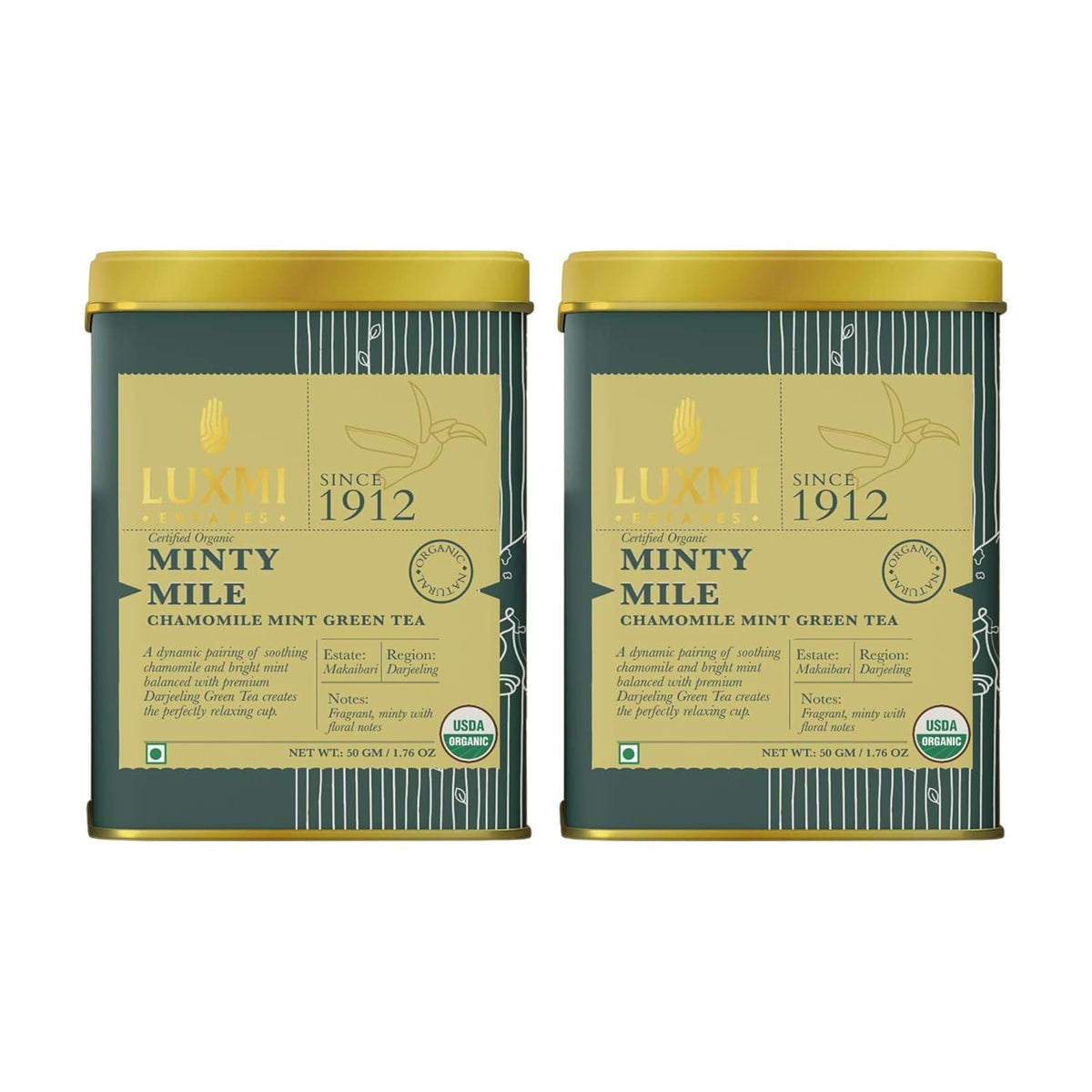 Luxmi Estates Minty Mile Chamomile Mint Green Tea - 50gm Tin, 1.7 Ounce, Pack Of 2 | USDA Certified Organic Green Tea - Low Caffeine Chamomile Green Tea