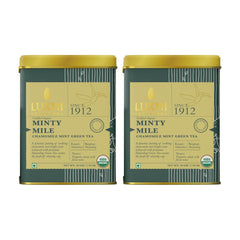 Luxmi Estates Minty Mile Chamomile Mint Green Tea - 50gm Tin, 1.7 Ounce, Pack Of 2 | USDA Certified Organic Green Tea - Low Caffeine Chamomile Green Tea